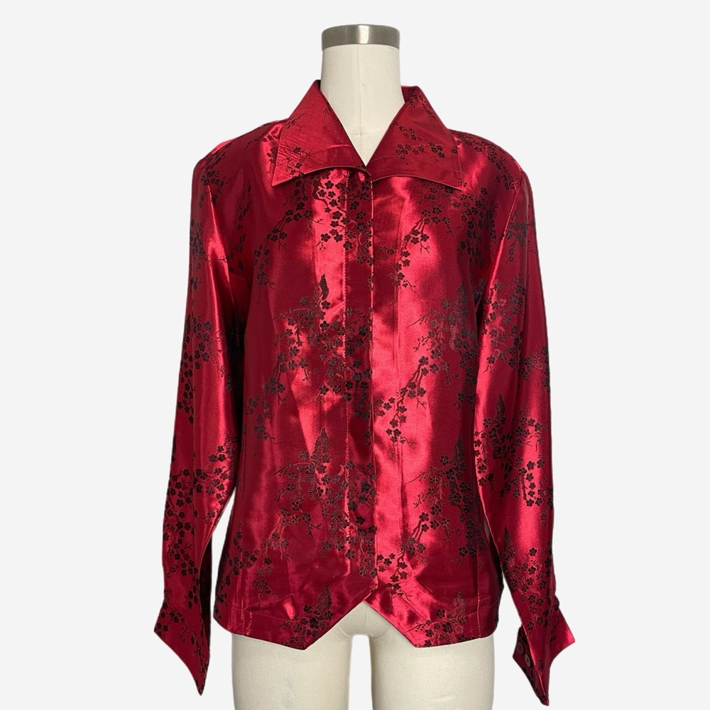 Vintage Liz Baker red jaquard floral cherry blossom collared jacket eclectic M/L